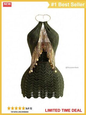 Crochet Halter Mini Dress Sequin Fringe Backless Bodycon Beach Party